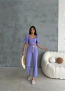 KETEN CROP KARPUZ KOL BLUZ-PANTOLON HASIR KEMERLİ - Mor resmi
